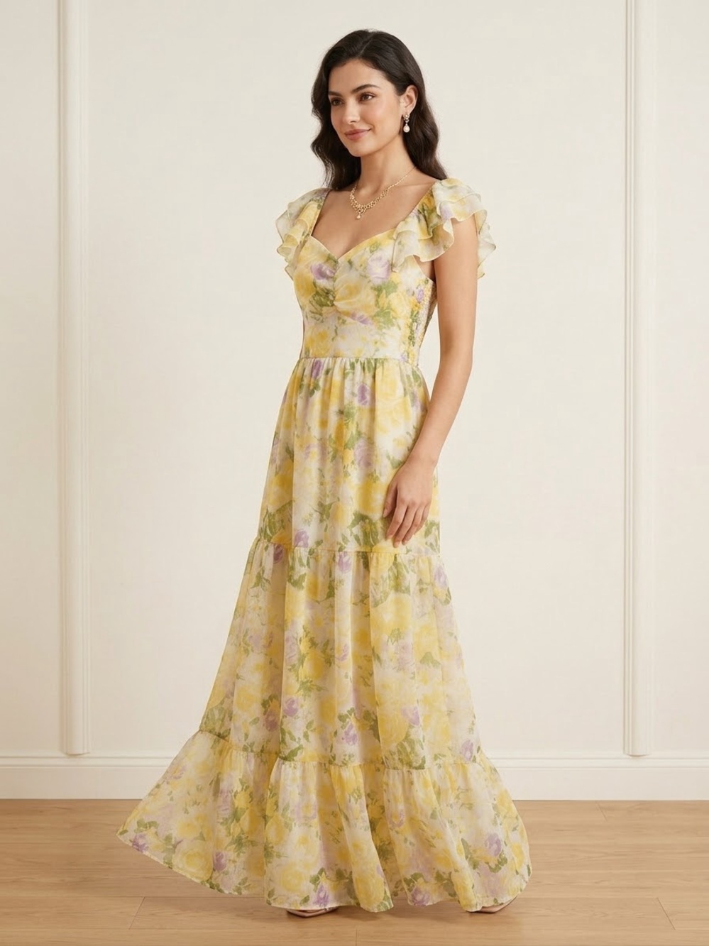 Yellow Floral Maxi Dress with Ruffle Shoulder Straps